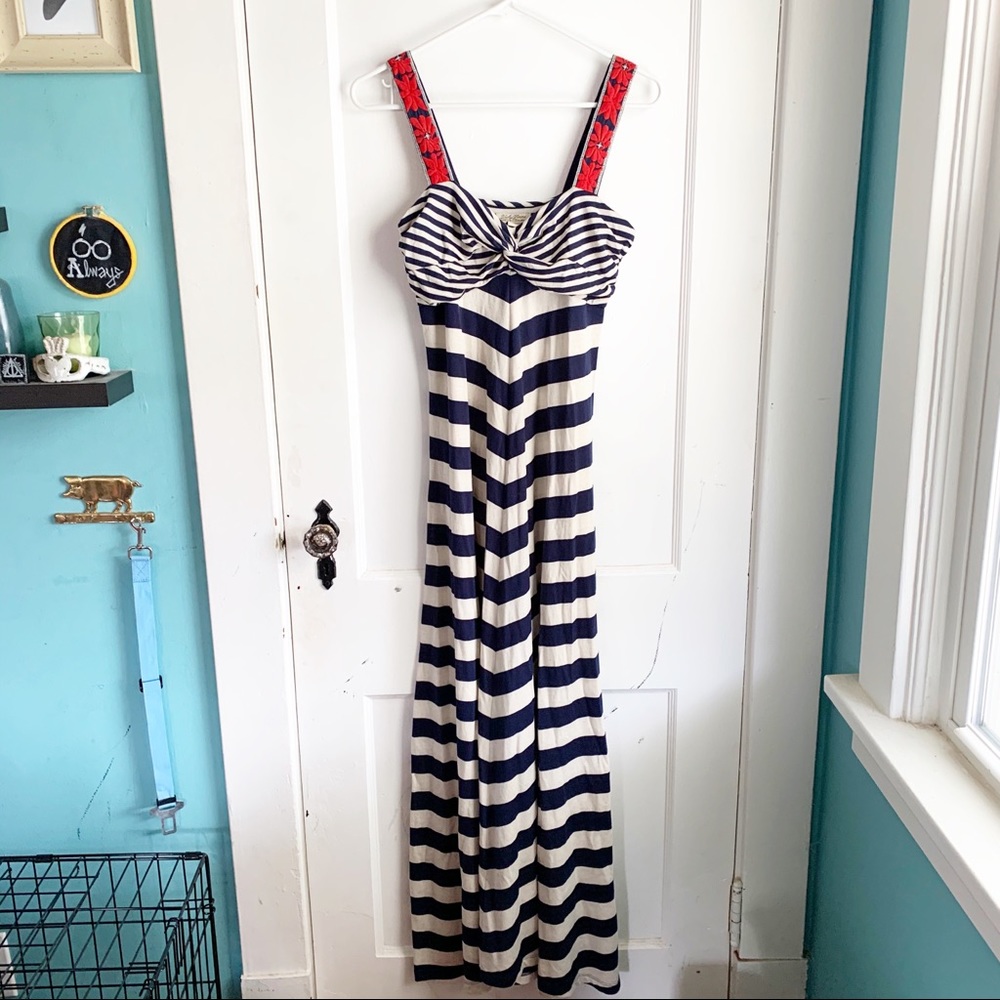 Lucky Brand Oatmeal Stripe Floral Strap Maxi Dress